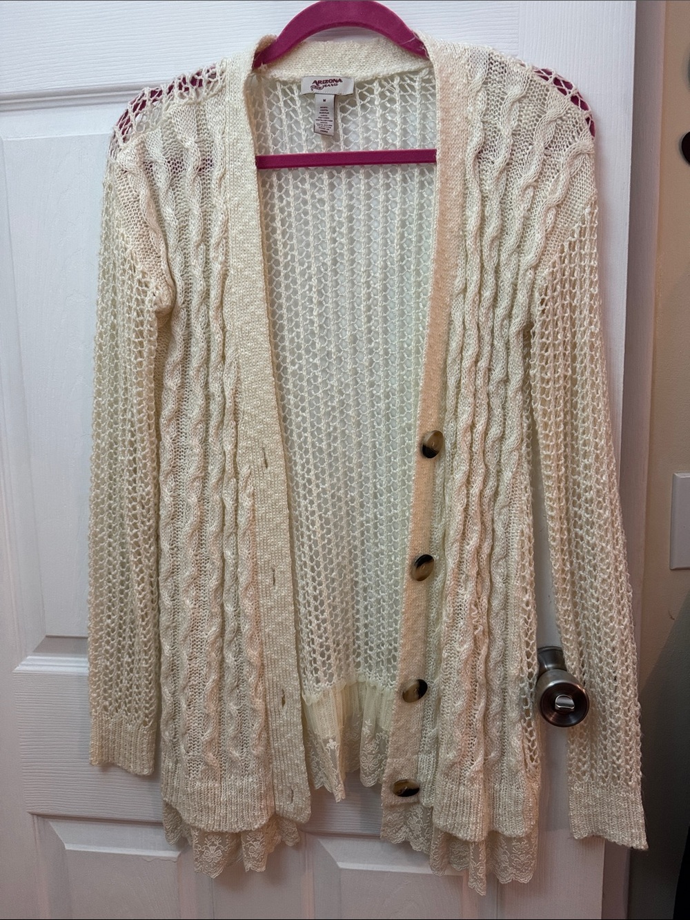Arizona Jean Company Cream Open-Weave Cable & Lace-Trim Cardigan